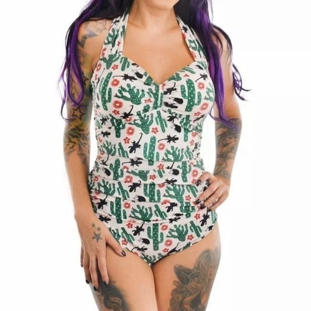 POSSUM LIZARD & CACTUS (Desert Themed) SWIMSUIT [M] *NWT* RETRO PIN UP